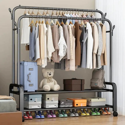 Portant à Vêtements Double Rail avec Rangement Chaussures
